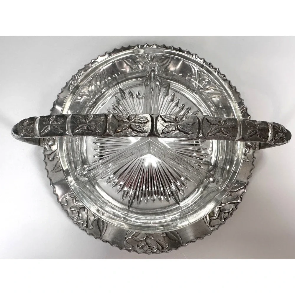 VTG Hand Wrought Hammered Aluminum Server Divided Glass Dish w/ Handle Floral 7